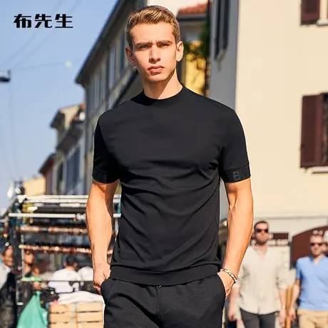 MrBu布先生袖口哑光英文小半高领亲肤短袖t恤圆领男士上衣AT10637商品大图