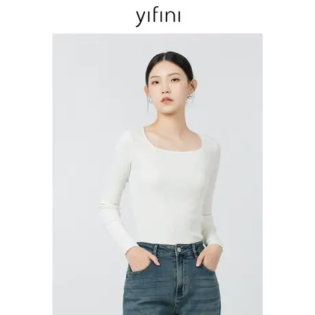 Yifini/易菲法式方领长袖修身毛衫女春秋新款打底毛衫针织衫图片