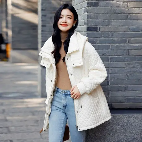 时尚气质中长款棉服外套2022年冬季新款女士休闲宽松显瘦连帽上衣商品大图