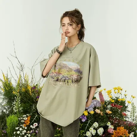 YEP潮牌牛油果绿复古草原字母短袖t恤女夏季宽松oversize半袖上衣图片