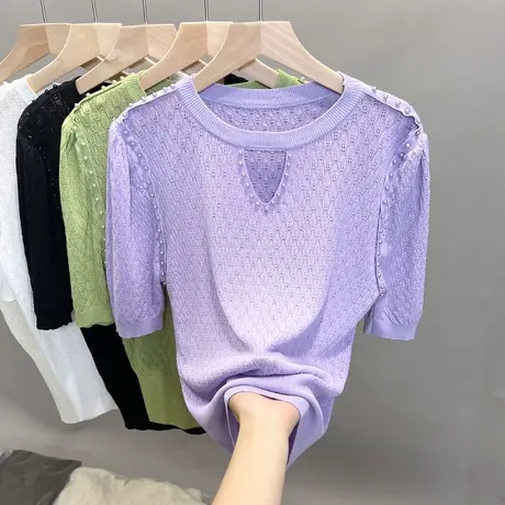 圆领钉珠针织衫女2023春夏秋新款泡泡袖镂空上衣薄款中袖t恤衫潮商品大图