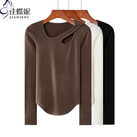 春季新款韩版圆领镂空纯色修身磨毛燕尾摆长袖体恤上衣女打底衫图片