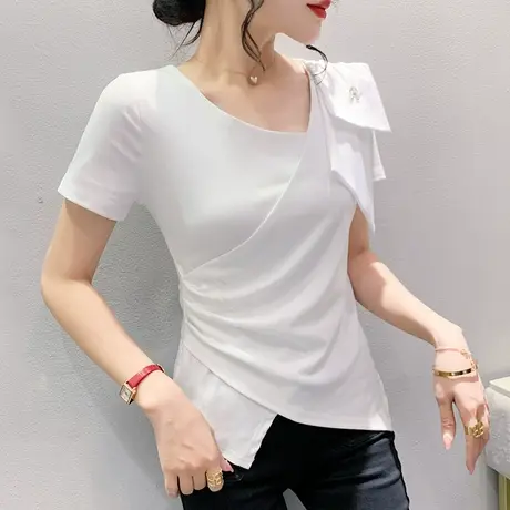 欧货设计感女装洋气不规则开叉T恤短袖时尚收腰小衫百搭显瘦上衣商品大图