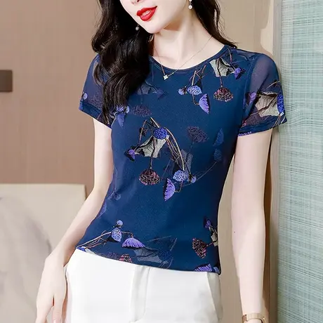 气质网纱短袖T恤女2024夏季新款复古印花上衣修身显瘦圆领小衫潮商品大图