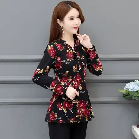 中长款t恤女春秋季2023新款碎花打底衫女装长袖收腰裙摆上衣洋气图片