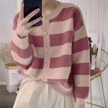 圆领撞色条纹针织开衫外套女2023秋冬新款宽松外穿毛衣短款上衣女商品大图