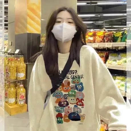 美式复古圆领卫衣女秋冬冬薄款设计感秋冬长袖上衣小个子休闲外套商品大图