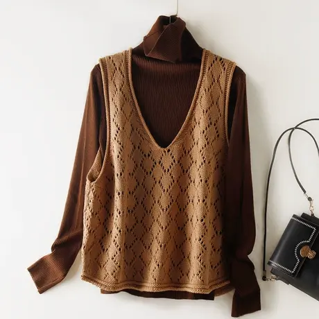 针织马甲女新款2022秋冬季外穿纯色V领复古镂空坎肩宽松背心马夹商品大图