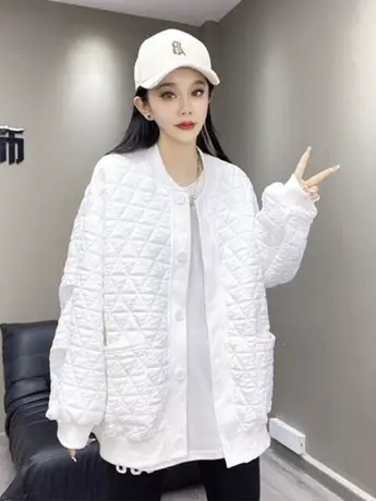 菱形格子开衫外套女2023秋季新款韩版宽松显瘦大码百搭棒球服上衣商品大图