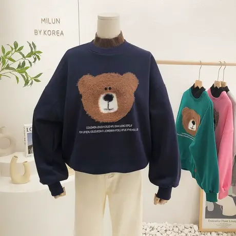 韩国东大门毛毛小熊上衣2021秋冬款毛衣半高领加绒卫衣宽松学院风图片