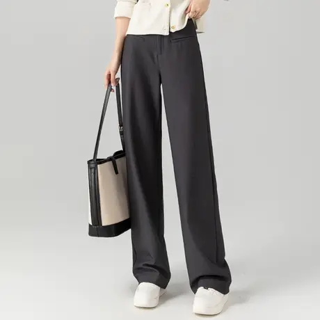 高级灰羊毛职业西装阔腿裤子女2024冬新款加绒保暖直筒裤窄版高腰图片