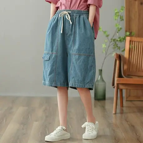 dza 高腰显瘦纯棉牛仔裤女2023夏五分休闲裤直筒裤宽松百搭阔腿裤商品大图