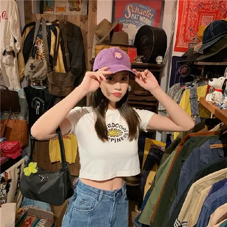 网红超火短款T恤女夏装韩版高腰短袖体恤ins潮学生紧身露脐上衣服商品大图