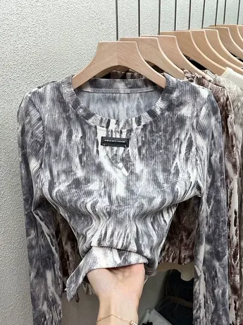 秋冬时尚洋气别致甜辣不规则上衣小衫设计感打底衫女内搭扎染t恤商品大图