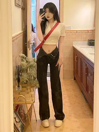 千禧年复古chic高腰牛仔裤女夏天薄款宽松直筒裤设计感小众裤子潮图片