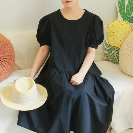 【买一送一】夏新品法式优雅复古小黑裙大码棉质圆领短袖长裙商品大图