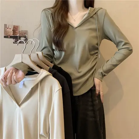 连帽设计感长袖T恤女秋冬内搭德绒保暖打底衫加绒加厚修身上衣潮商品大图
