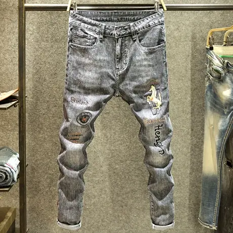 夏季薄款黑灰色牛仔裤男款时尚骏马刺绣欧货裤子男潮牌修身小脚裤商品大图