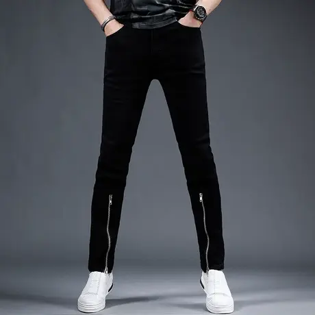 2023新款春季纯黑色牛仔裤男潮牌修身小脚裤脚拉链潮流个性男裤子商品大图