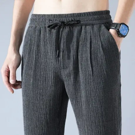 夏季超薄款冰丝运动男士棉麻裤亚麻中年休闲长裤宽松紧直筒夏裤子商品大图