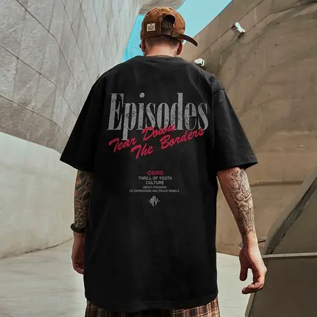 美式字母印花短袖t恤男街头涂鸦大码黑色圆领纯棉半袖潮胖子潮流图片