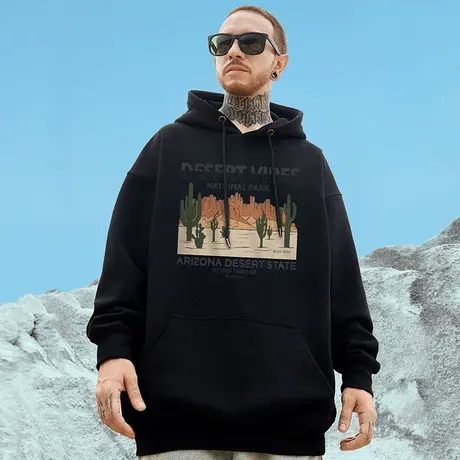 2024秋冬季港风oversize帽衫简约胖子宽松加绒加肥加大连帽卫衣男图片