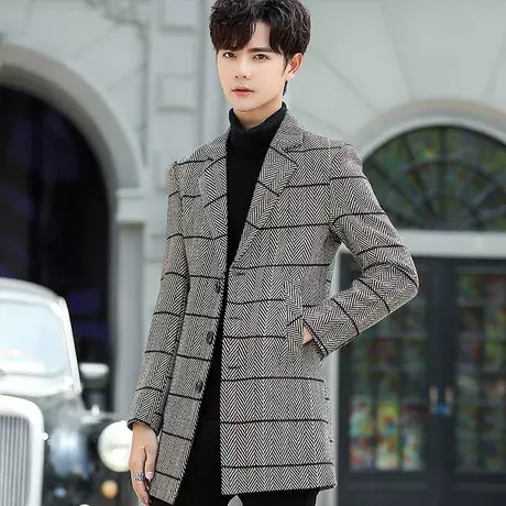毛呢大衣男士秋冬季韩版潮流时尚格子风衣男装中长款加厚呢子外套图片