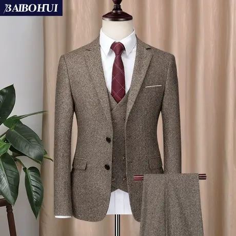 男士西服套装三件套韩版修身新郎结婚礼服复古小西装男职业正装潮图片