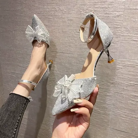 时装凉鞋女2024春夏新款时尚仙女风蝴蝶结水钻细跟一字带高跟鞋女商品大图