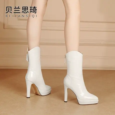 真漆皮加绒防水台超高跟马丁靴女秋冬季新款白色厚底粗跟中筒靴图片