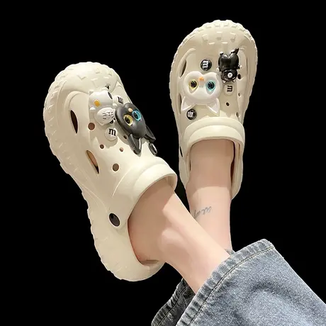 外穿洞洞鞋女夏季ins潮卡通可爱猫咪厚底防滑包头两穿护士凉拖鞋商品大图