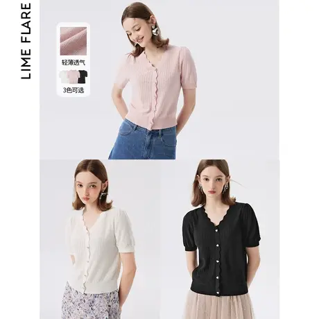 朗姿莱茵休闲透气棉V领2023夏季奥莱三色薄款短款针织衫短袖气质图片