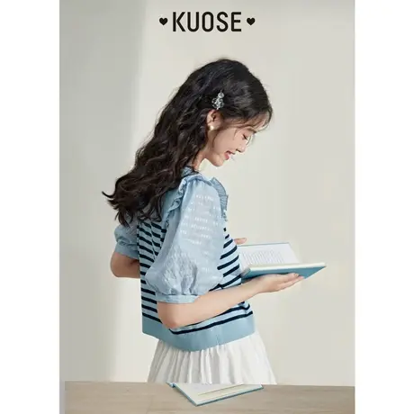 阔色蓝色条纹针织衫T恤女2023新款夏季镂空拼接冰丝圆领短袖上衣商品大图