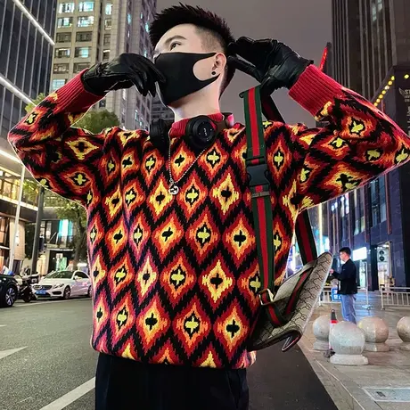 2023秋冬新款印民族图案印花针织衫加厚修身保暖毛衣男潮小伙上衣图片