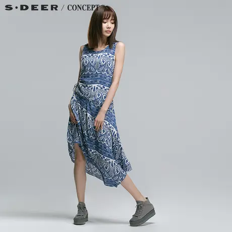 sdeer圣迪奥青花图案雪纺长款连衣裙S14281279图片