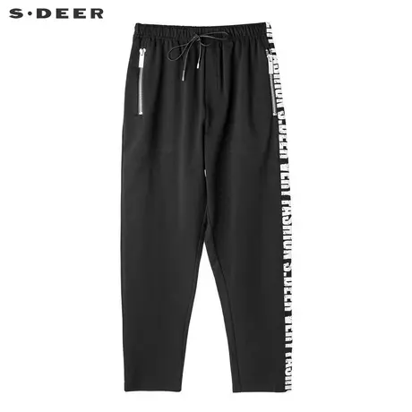 sdeer圣迪奥女休闲素黑松紧抽绳撞色修身小脚运动裤S18280821商品大图