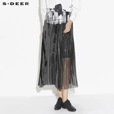 sdeer圣迪奥女装夏季网纱拼接收腰不规则长裙S20281143图片
