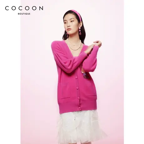 COCOON商场同款时尚上衣2023秋季新款女字母卡通绵羊毛中长款开衫商品大图