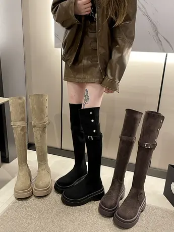 爆款靴子长靴女2023年冬季新款网红显瘦百搭复古厚底洋气瘦瘦靴潮图片