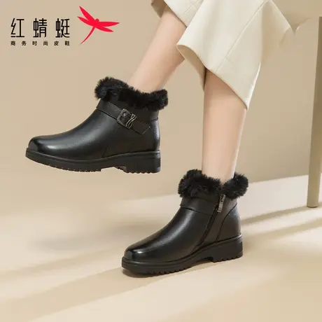 红蜻蜓妈妈棉鞋2023冬季新款真皮女鞋加绒保暖短靴防滑棉鞋图片