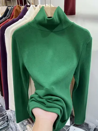 欧货加厚双面磨毛德绒高领长袖T恤女2023秋冬新款内搭打底衫上衣商品大图