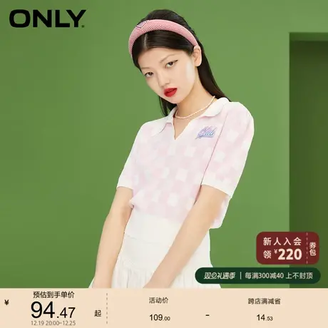 ONLY奥莱春夏镭射字母棋盘格短袖半开领针织衫女商品大图