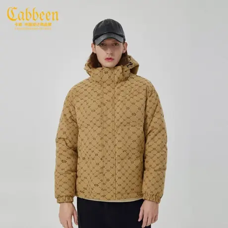 卡宾男装老花满印连帽羽绒服秋冬款宽松保暖外套复古街头W图片