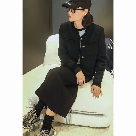 2024春季新款高品质气质小香风圆领长袖羊毛粗花呢女士短外套女图片