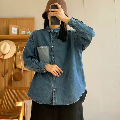 dza 复古拼接贴布口袋牛仔衬衫女2024早春新款宽松衬衣休闲短上衣图片