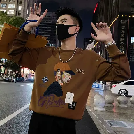 卫衣潮男2023秋季新款休闲套头卡通刺绣人物美式潮流百搭长袖t恤商品大图