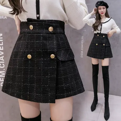 黑色毛呢短裤女2023年秋冬新款亮丝小香风靴裤高腰a字阔腿裙裤女图片