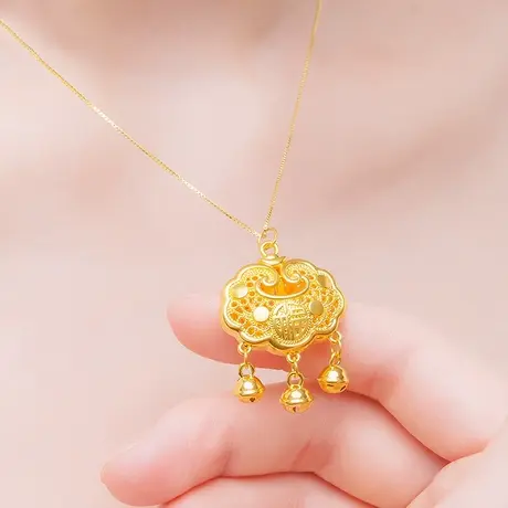 足金999祥云福字吊坠 3D硬金福字锁包如意项链宝宝满月图片