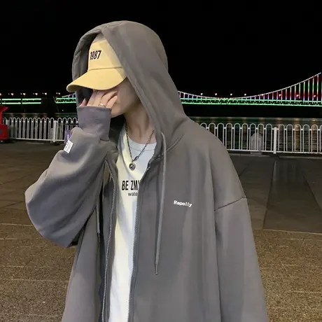 连帽卫衣外套男秋季新款港风宽松休闲上衣服美式潮流纯色开衫夹克商品大图