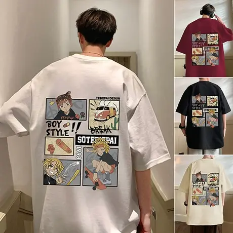 2024新款短袖T恤男夏季纯棉体恤ins潮牌动漫男生半袖美式高街上衣商品大图